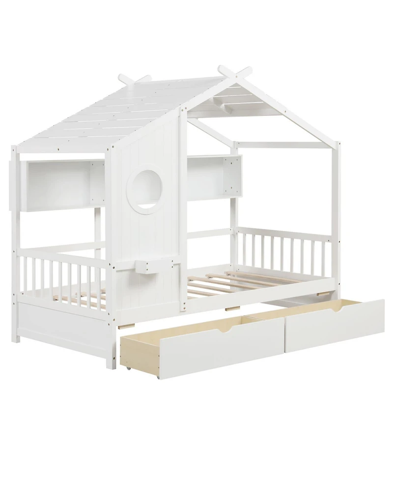 Gymax House Bed Kids Bed Frame w/ 2 Storage Drawers & Fence Guardrails