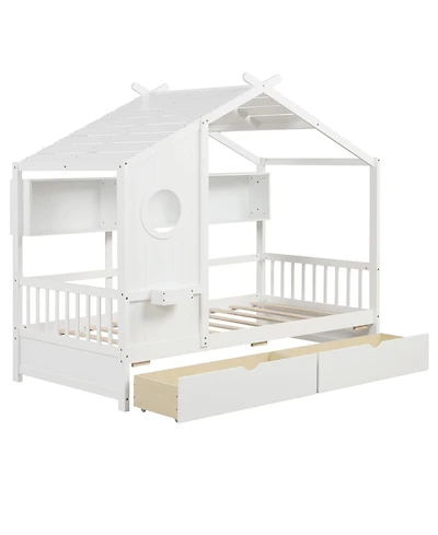 Gymax House Bed Kids Bed Frame w/ 2 Storage Drawers & Fence Guardrails
