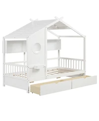 Gymax House Bed Kids Bed Frame w/ 2 Storage Drawers & Fence Guardrails