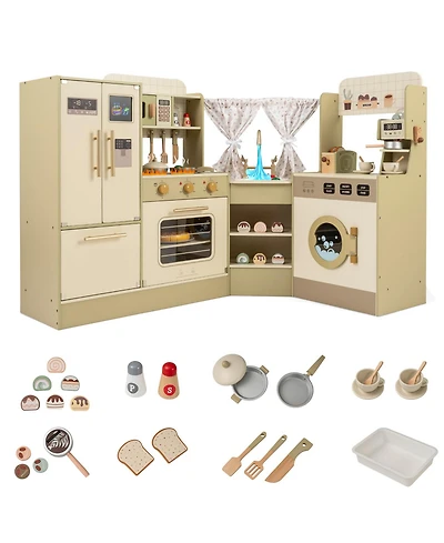 Slickblue Corner Kids Kitchen Playset Toy with Faucet Dishwasher Stove Set