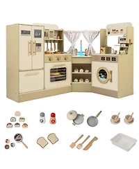 Slickblue Corner Kids Kitchen Playset Toy with Faucet Dishwasher Stove Set