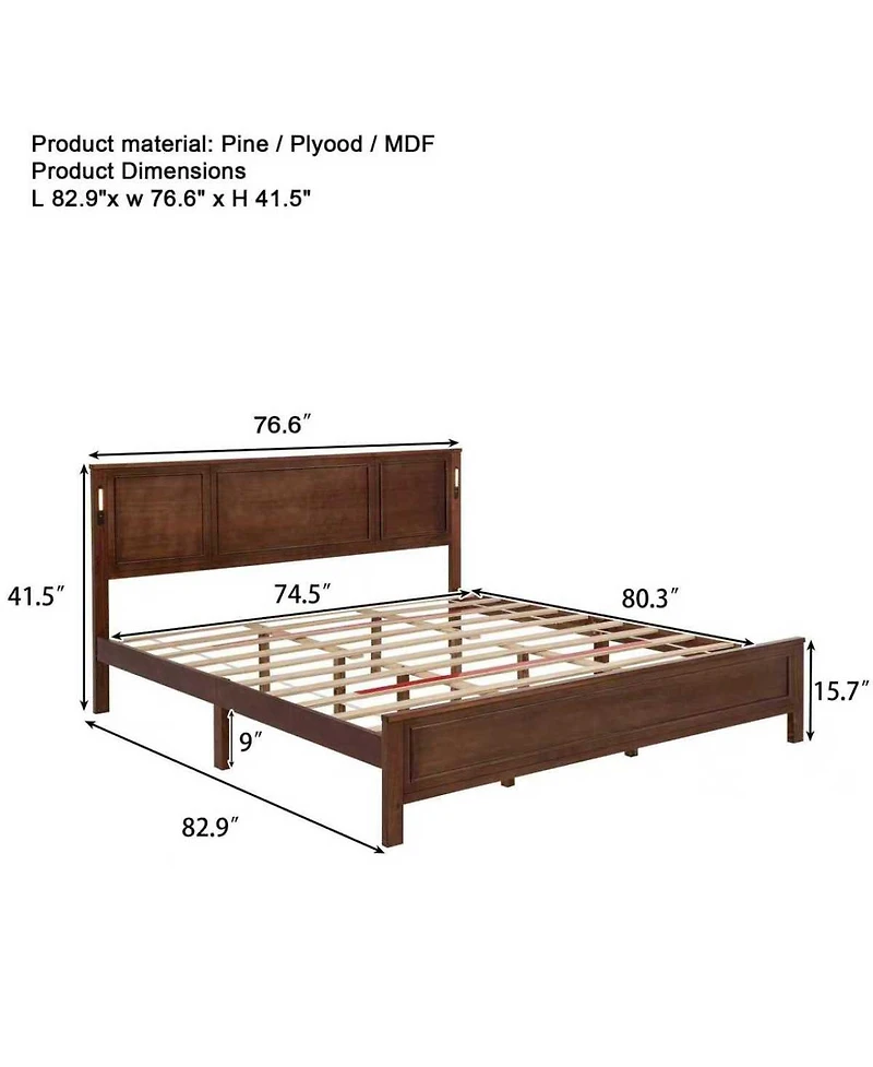 Streamdale Furniture King Led Usb Pinewood Bed w/ Tall Headboard/Footboard