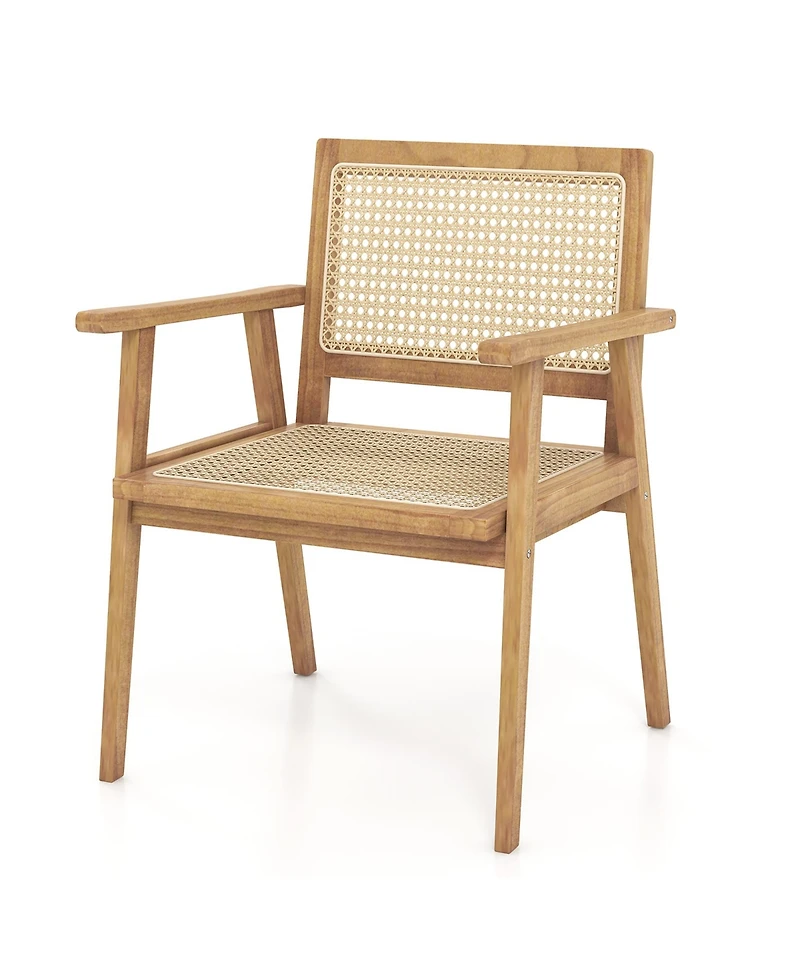 Gymax Wood Chair Teak Wood Armchair w/ Rattan Seat and Curved Backrest Patio