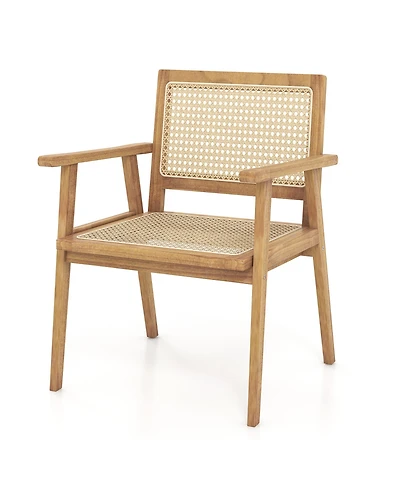 Gymax Wood Chair Teak Wood Armchair w/ Rattan Seat and Curved Backrest Patio