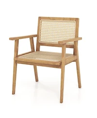 Gymax Wood Chair Teak Wood Armchair w/ Rattan Seat and Curved Backrest Patio