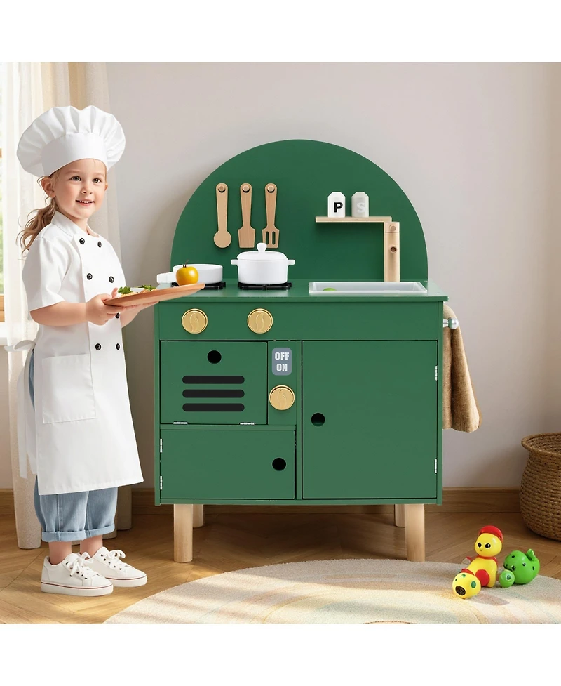 Kids Wooden Kitchen Playset with Stove Sink Microwave Oven