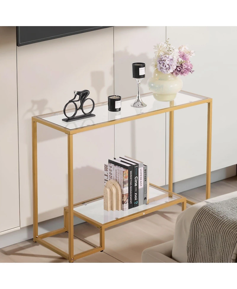 Gouun Tempered Glass 2-Tier Console Table with Metal Frame and Anti-Tip Device