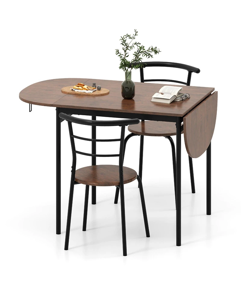 Gouun 3-Piece Drop Leaf Dining Set with Adjustable Table and 2 Metal Chairs
