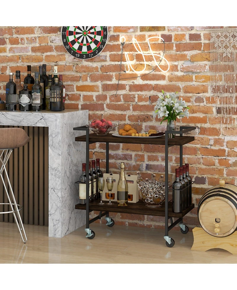 Gouun 2-Tier Rolling Bar Cart with Anti-Fall Guardrail and Lockable Wheels