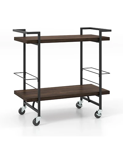 Gouun 2-Tier Rolling Bar Cart with Anti-Fall Guardrail and Lockable Wheels