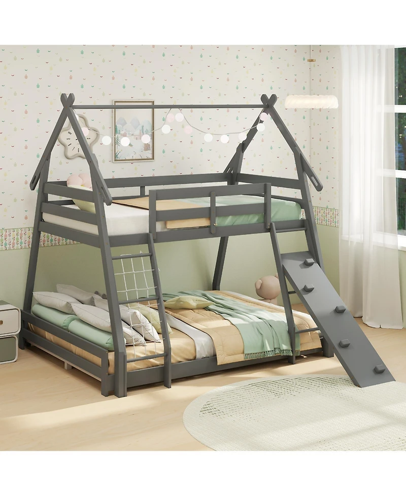 Sugift Twin Over Queen Wooden Bunk Bed with Climbing Net and Ramp