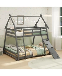 Sugift Twin Over Queen Wooden Bunk Bed with Climbing Net and Ramp