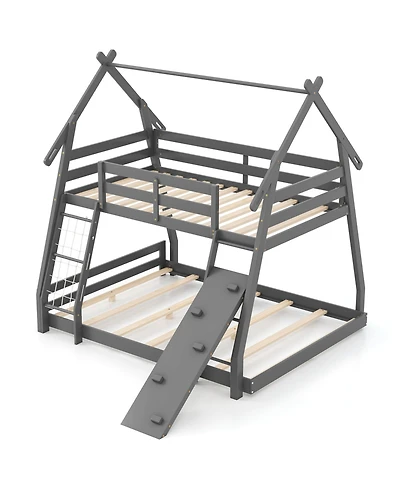 Sugift Twin Over Queen Wooden Bunk Bed with Climbing Net and Ramp