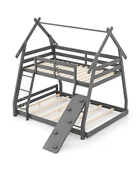Sugift Twin Over Queen Wooden Bunk Bed with Climbing Net and Ramp