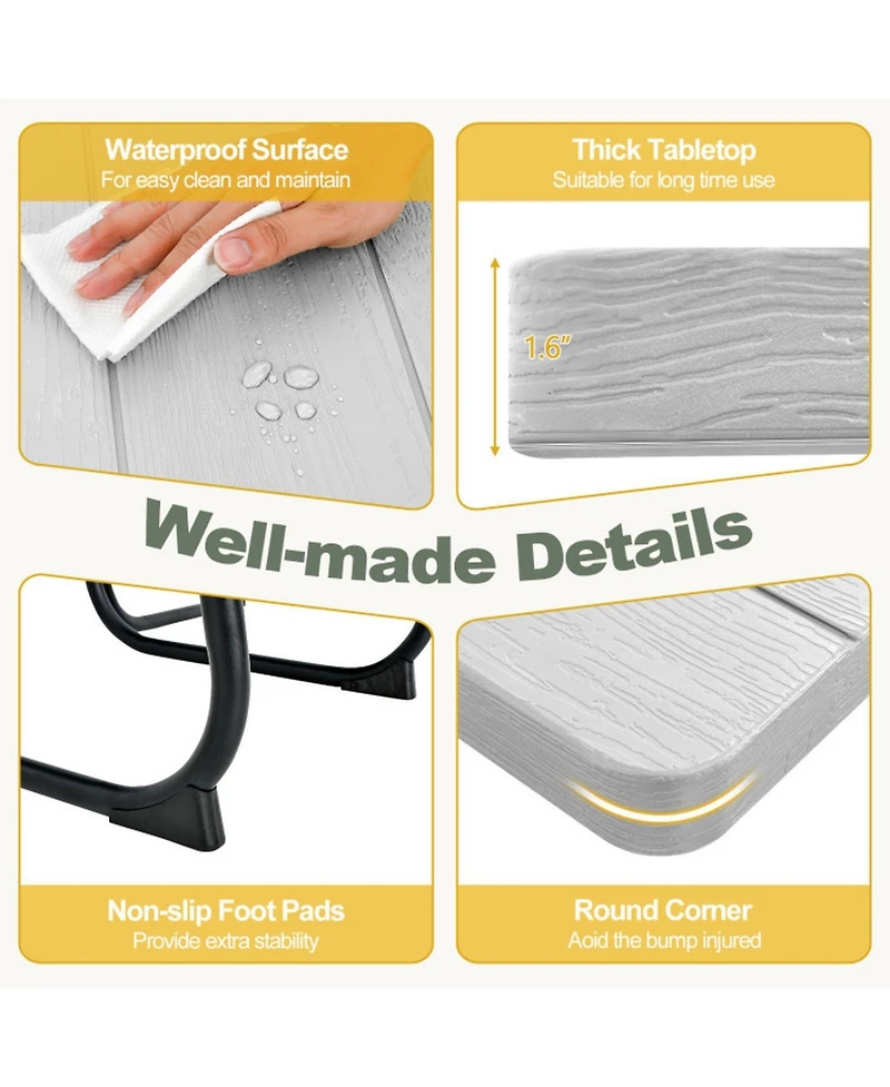 Gouun Square Outdoor Picnic Table with 4 Built-in Benches and Umbrella Hole, Hdpe Top