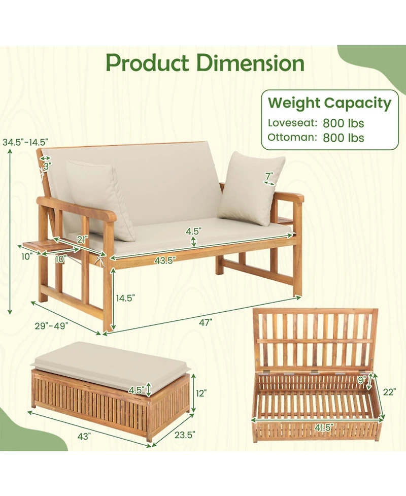 Gouun Acacia Wood Outdoor Daybed with Storage Ottoman and Removable Cushions