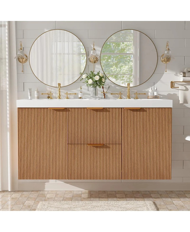 Sillysis 47 Inch Double Sink Bathroom Vanity Wall Mounted, Soft Close Drawers, Ample Storage, Smc Countertop and Wood Grain Mdf Cabinet