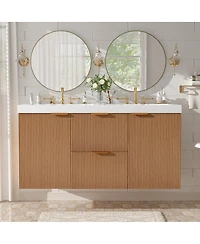 Sillysis 47 Inch Double Sink Bathroom Vanity Wall Mounted, Soft Close Drawers, Ample Storage, Smc Countertop and Wood Grain Mdf Cabinet