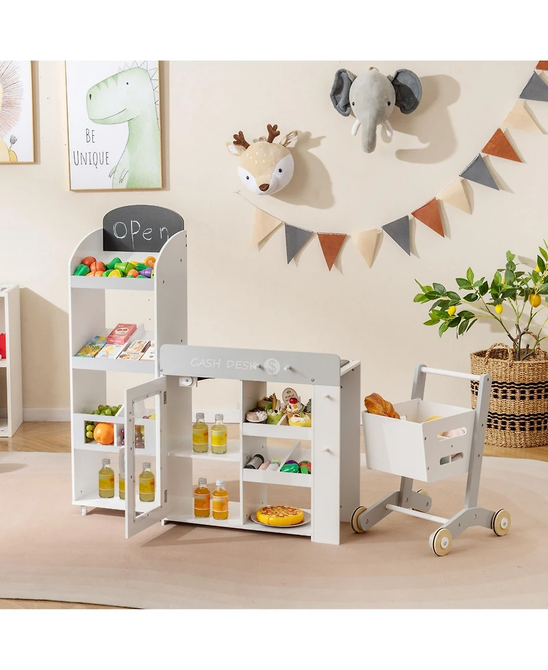 Slickblue Wooden Grocery Store Playset for Kids with Shopping Cart Toy