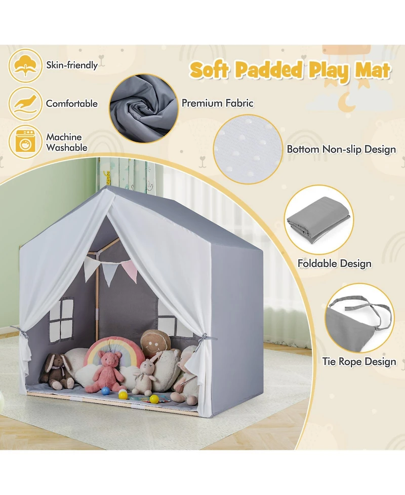 Slickblue Grey Kids Indoor Play Tent with Soft Cotton Mat and Flag Banner