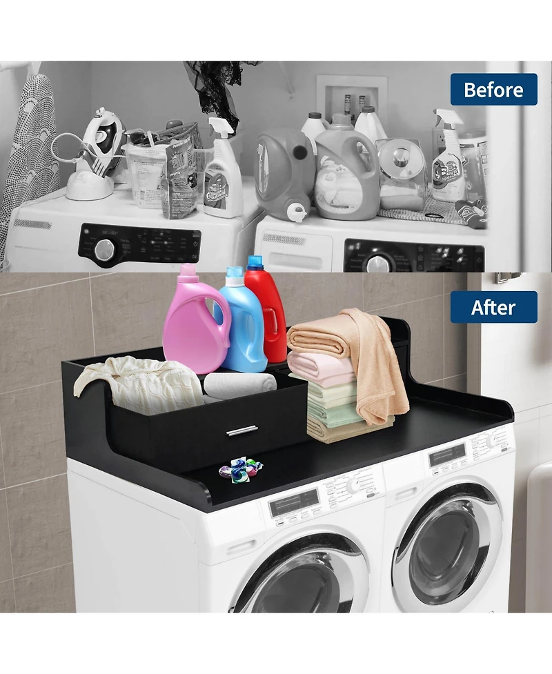 Homfan Space-Saving Laundry Countertop Shelf - 54'' Organizer Rack with 2 Storage Drawers, Edge Rails