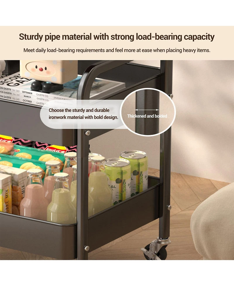 Homfan Sturdy 3-Tier Metal Utility Cart with Wooden Tabletop - Lockable Wheels, Multipurpose Storage Shelf