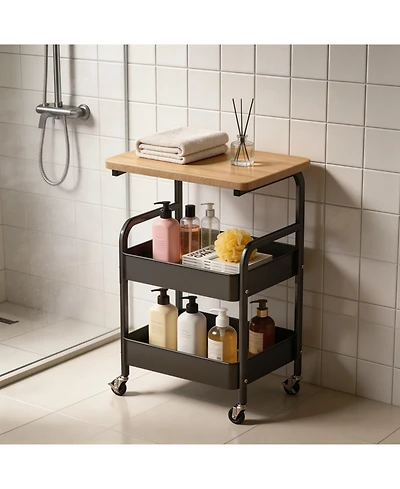 Homfan Sturdy 3-Tier Metal Utility Cart with Wooden Tabletop - Lockable Wheels, Multipurpose Storage Shelf