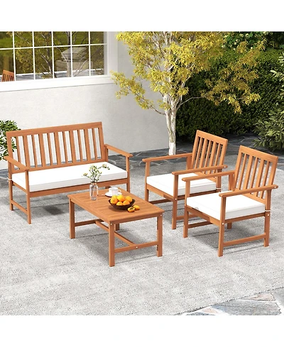 Costway Acacia Wood Furniture Set Coffee Table & 2 Armchairs with Seat Cushions