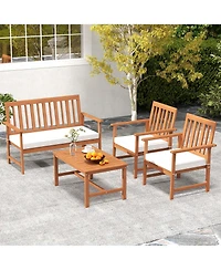 Costway Acacia Wood Furniture Set Coffee Table & 2 Armchairs with Seat Cushions