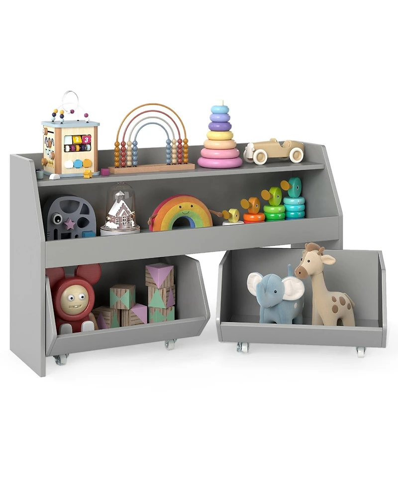 Gouun Kids Toy Storage Organizer Wooden Bookcase with 2 Movable Drawers