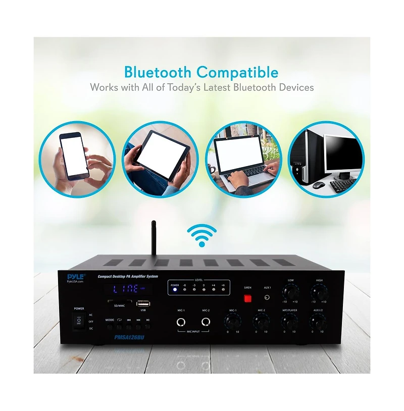 Pyle 500W Bluetooth Pa Public Address Amplifier Receiver - Compact Desktop Audio System