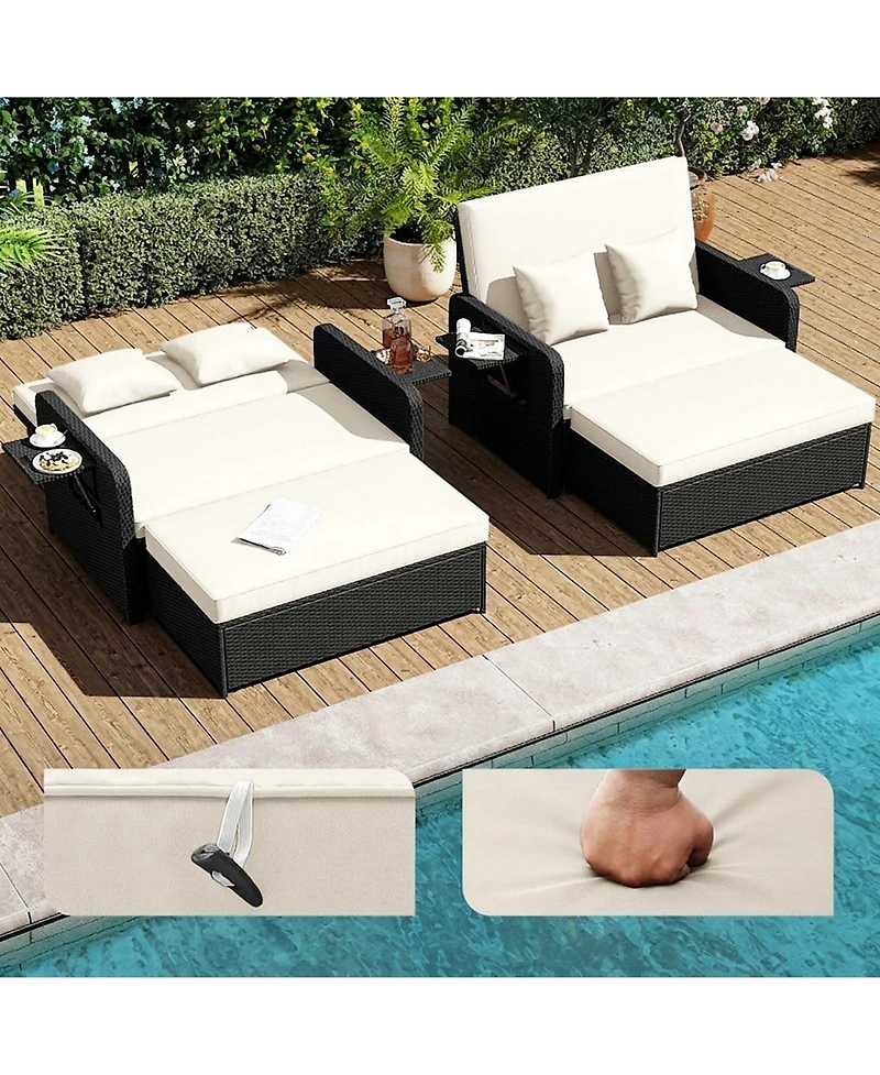 Gouun Pe Wicker Outdoor Daybed with 4-Level Adjustable Backrest and Ottoman
