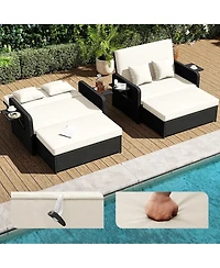 Gouun Pe Wicker Outdoor Daybed with 4-Level Adjustable Backrest and Ottoman