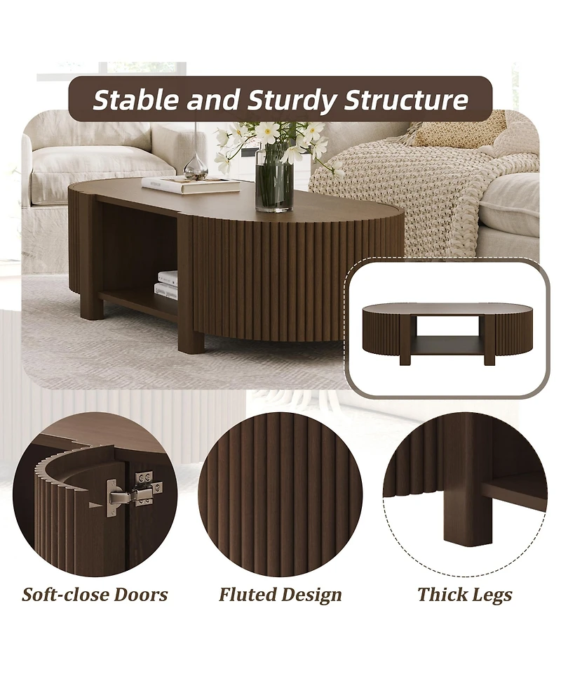 Rainsken Oval Coffee Table with Storage, Fluted Center Table with Shelves and 2 Open Doors, 47" Mid Century Modern Coffee Table for Living Room