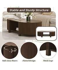 Rainsken Oval Coffee Table with Storage, Fluted Center Table with Shelves and 2 Open Doors, 47" Mid Century Modern Coffee Table for Living Room