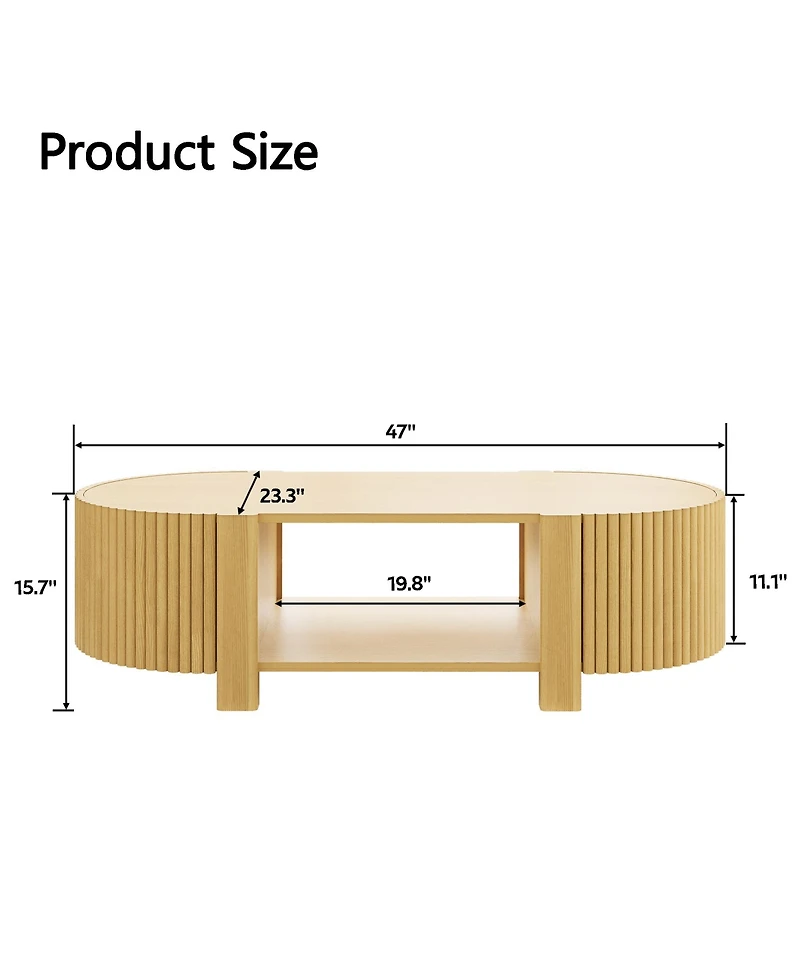 Rainsken 47" Fluted Oval Center Table, Mid Century Modern Coffee Table with Storage Shelves and 2 Open Doors for Home Living Room