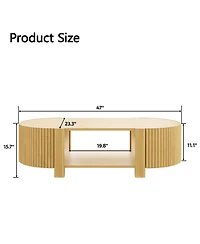 Rainsken 47" Fluted Oval Center Table, Mid Century Modern Coffee Table with Storage Shelves and 2 Open Doors for Home Living Room
