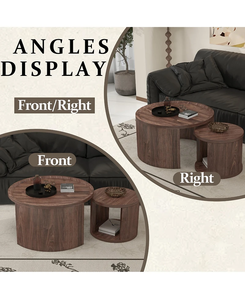 Rainsken Modern Circular Nesting Coffee Table Set of 2, 31.5" Main Table and 18" Stackable Side Table, Wooden Round Center Table for Living Room