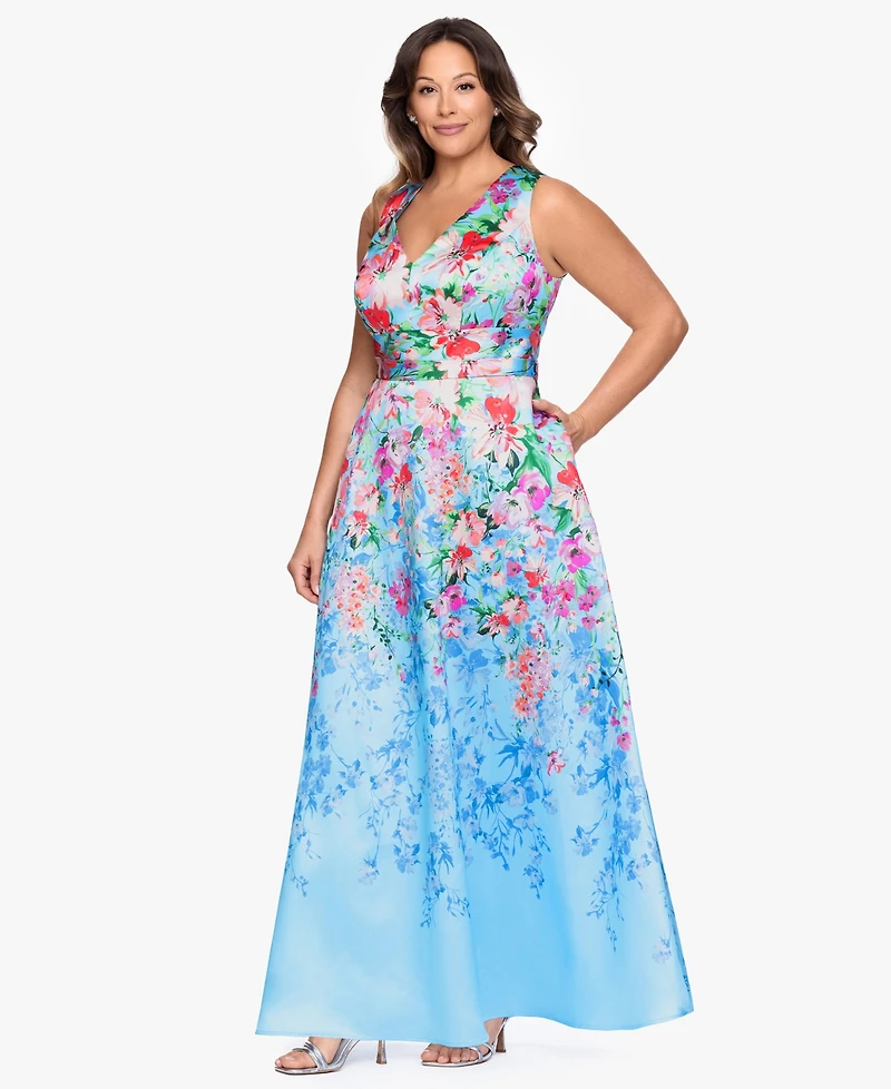 Betsy & Adam Plus Floral Print V-Neck Sleeveless Gown