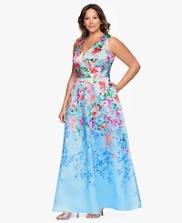 Betsy & Adam Plus Floral Print V-Neck Sleeveless Gown