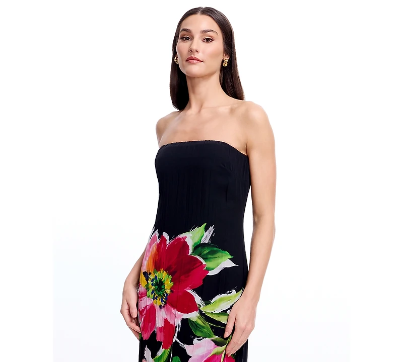 Dress the Population Women's Floral Print Strapless Long Gown