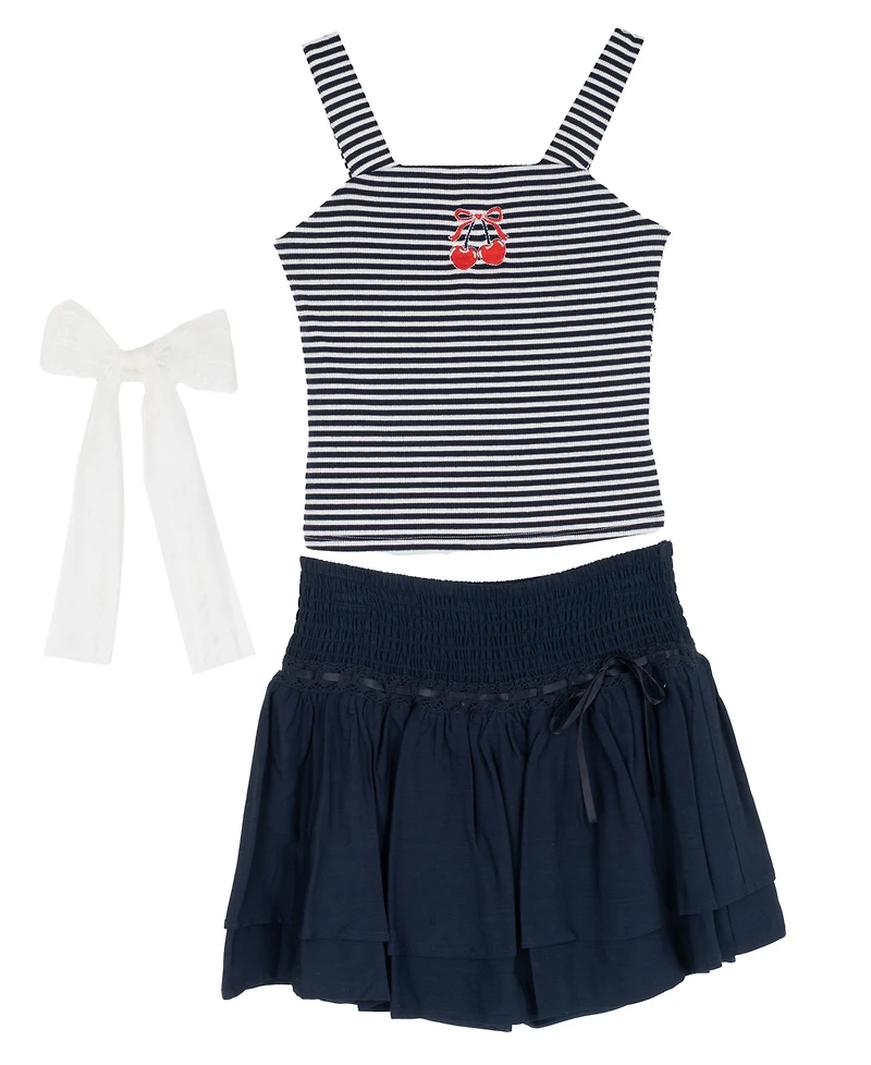 Tween Diva Girls' 7-16 Embroidered Graphic Striped Tank, Woven Skort and Ribbon, 3-Piece Set