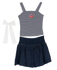 Tween Diva Girls' 7-16 Embroidered Graphic Striped Tank, Woven Skort and Ribbon, 3-Piece Set