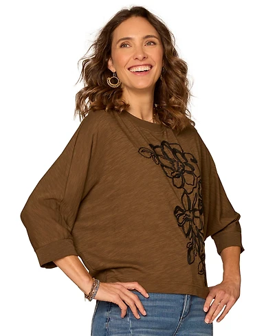 Democracy Petite Scoop Neck Embroidered Knit Top