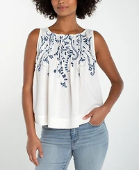 Liverpool Los Angeles Petite Boat Neck Embroidered Blouse