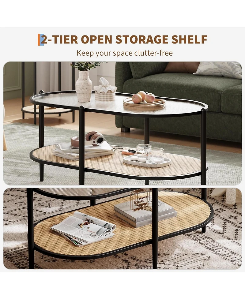 gaomon 2 Tier Rattan Oval Coffee Table with Tempered Glass Top, Boho Farmhouse Metal Tea Table with Storage Shelf Decor
