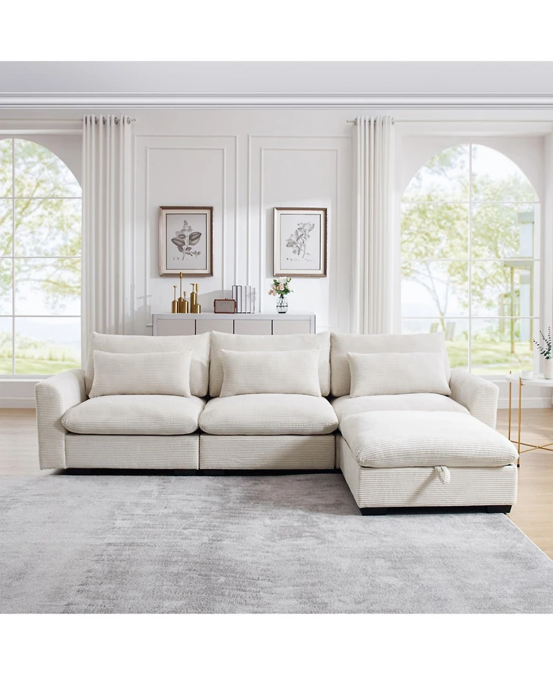 Streamdale Furniture Corduroy Sectional Sofa with Storage Footstool & Pillows