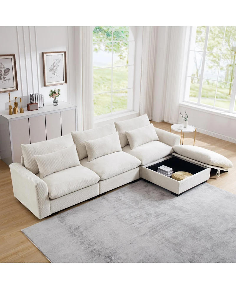 Streamdale Furniture Corduroy Sectional Sofa with Storage Footstool & Pillows