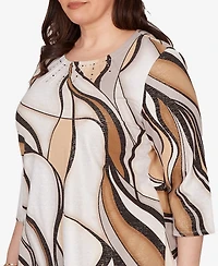 Alfred Dunner Plus Seville Abstract Print Pleated Crewneck Top