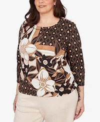 Alfred Dunner Plus Seville Floral Geometric Patchwork Side Tie Top